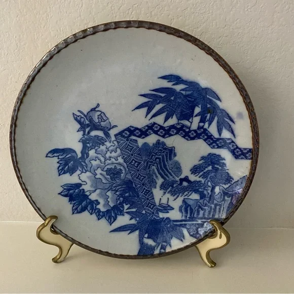 Antique Japanese Porcelain Igezara PlateFlow Blue Brown Scalloped Edge